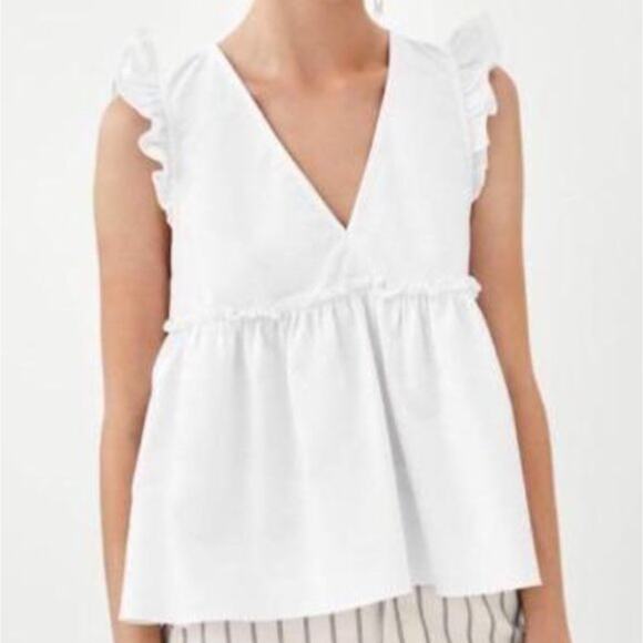 Zara Deep V-Neck Sleeveless Baby Doll Blouse Sz M Ruffle Cotton Cottagecore Boho - Picture 1 of 10